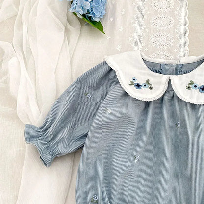 Sister Matching Floral Outfits: Blue Corduroy Embroidered Baby Romper & Girls Princess Dress - Coordinated Sister Boutique Set