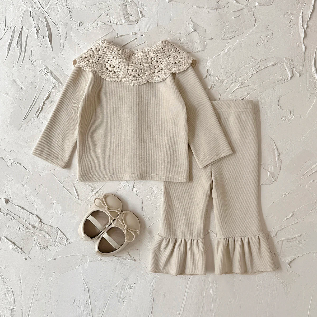 Toddler Girls Ribbed Knit Cardigan & Flare Pants Set with Crochet Lace Collar – 2-Piece Spring Outfit (6M-3T)