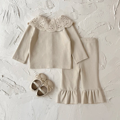 Toddler Girls Ribbed Knit Cardigan & Flare Pants Set with Crochet Lace Collar – 2-Piece Spring Outfit (6M-3T)