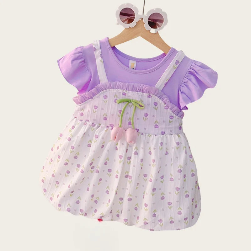 Baby & Toddler Girls Cotton Floral Summer Dress | Mock Two-Piece Ruffled Sun Dress with Decorative Bow (12M-4T)