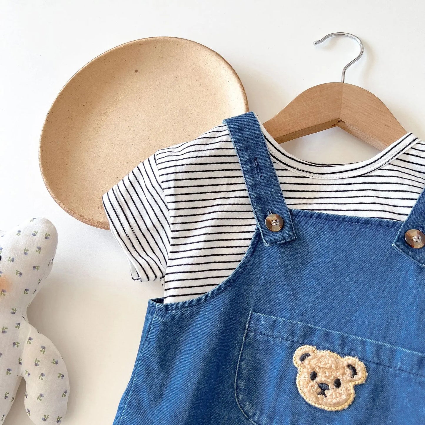 Unisex Baby Striped T-Shirt and Denim Bear Romper Set - 2pc Summer Toddler Outfit (3M-3T)