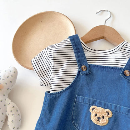 Unisex Baby Striped T-Shirt and Denim Bear Romper Set - 2pc Summer Toddler Outfit (3M-3T)