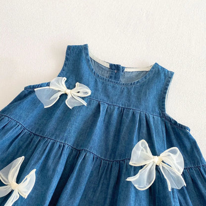 Toddler & Baby Girls Sleeveless Blue Denim Dress - 100% Cotton A-Line Summer Tiered Dress with Bows(6M-5T)