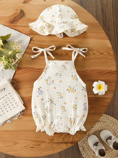 Baby Girl Muslin Cotton Romper & Sun Hat Set - Floral 2-Piece Summer Bodysuit (3-18M)