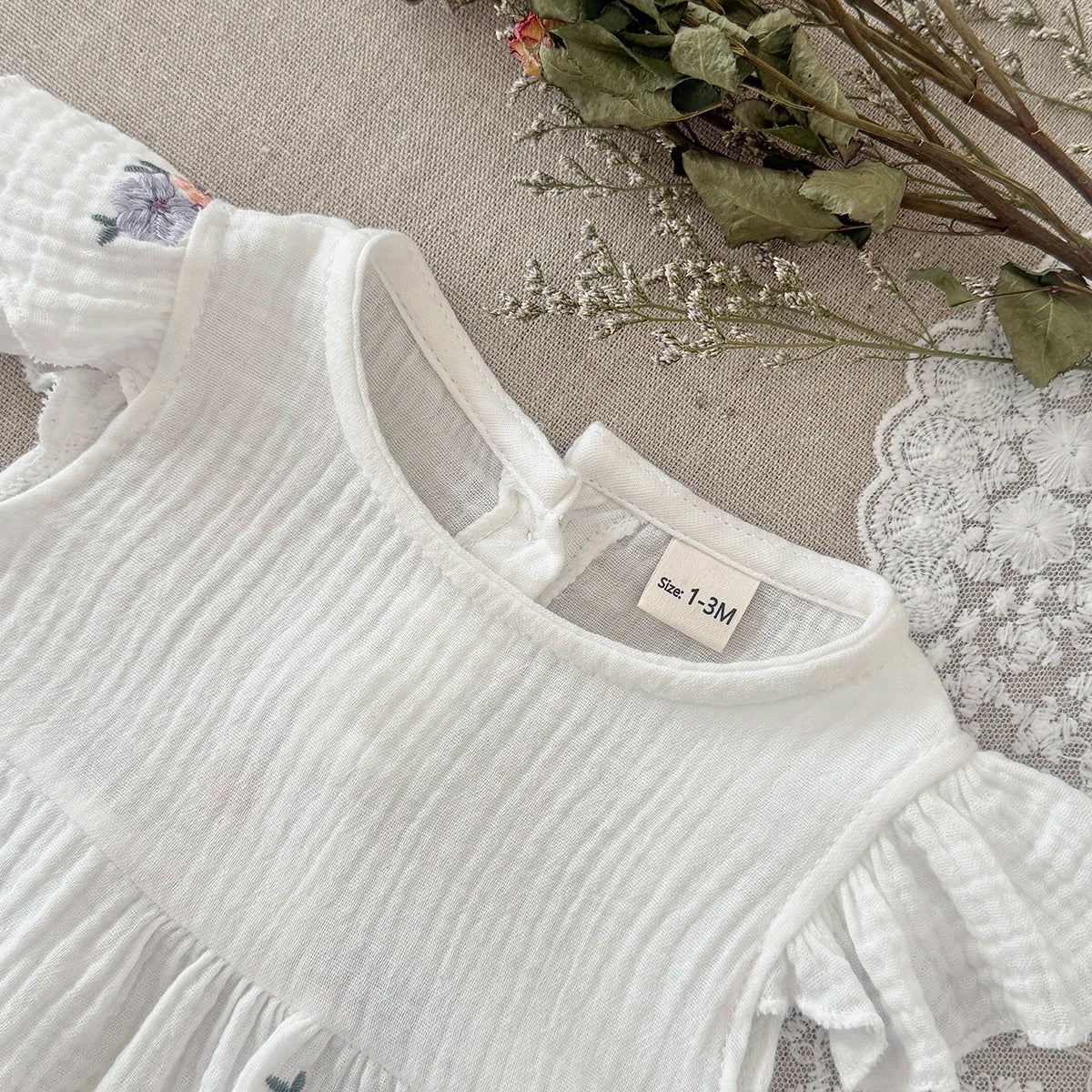 Summer Embroidered Floral Baby Romper - White Cotton Muslin Ruffle Sleeve Bodysuit (6-18M)