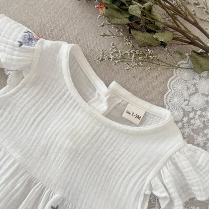 Summer Embroidered Floral Baby Romper - White Cotton Muslin Ruffle Sleeve Bodysuit (6-18M)