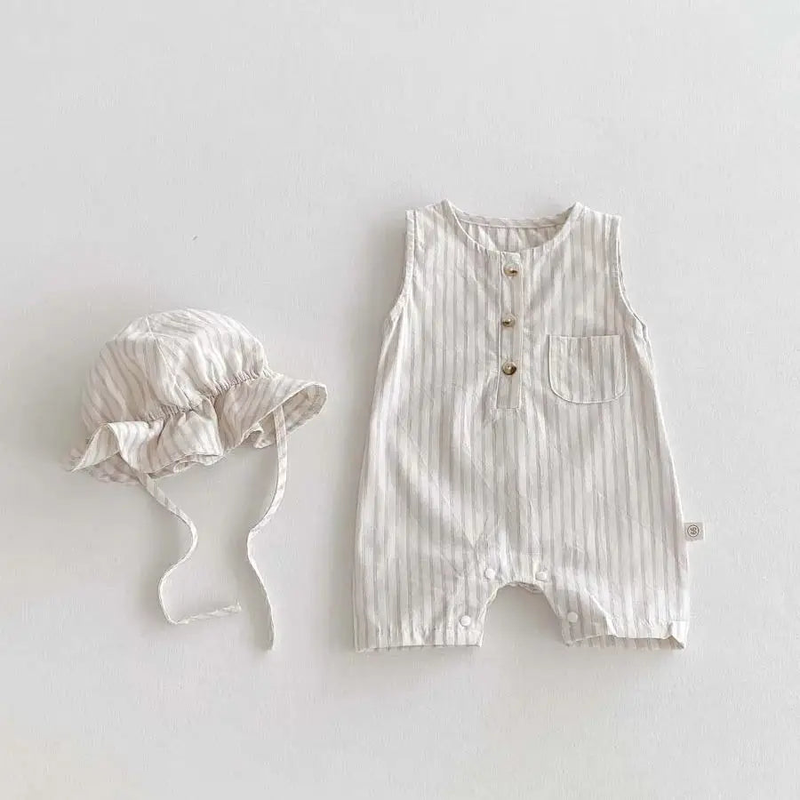 Neutral Ticking-Stripe Sleeveless Baby Romper with Matching Sun Hat - 100% Cotton (0-24M)
