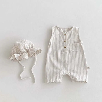 Neutral Ticking-Stripe Sleeveless Baby Romper with Matching Sun Hat - 100% Cotton (0-24M)
