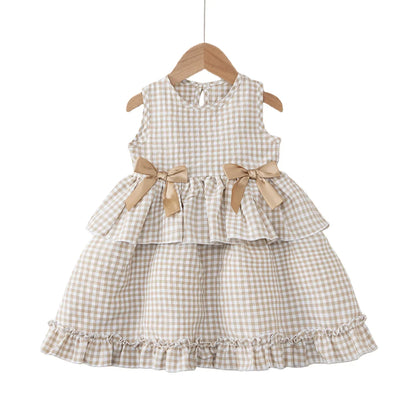 Toddler Girls Gingham Sleeveless Summer Dress – Pastoral Layered Ruffle Dress with Bows (2-7Y)