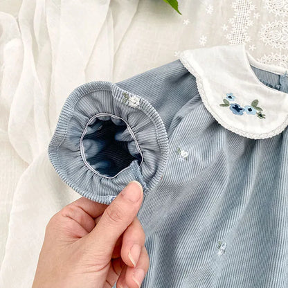 Sister Matching Floral Outfits: Blue Corduroy Embroidered Baby Romper & Girls Princess Dress - Coordinated Sister Boutique Set
