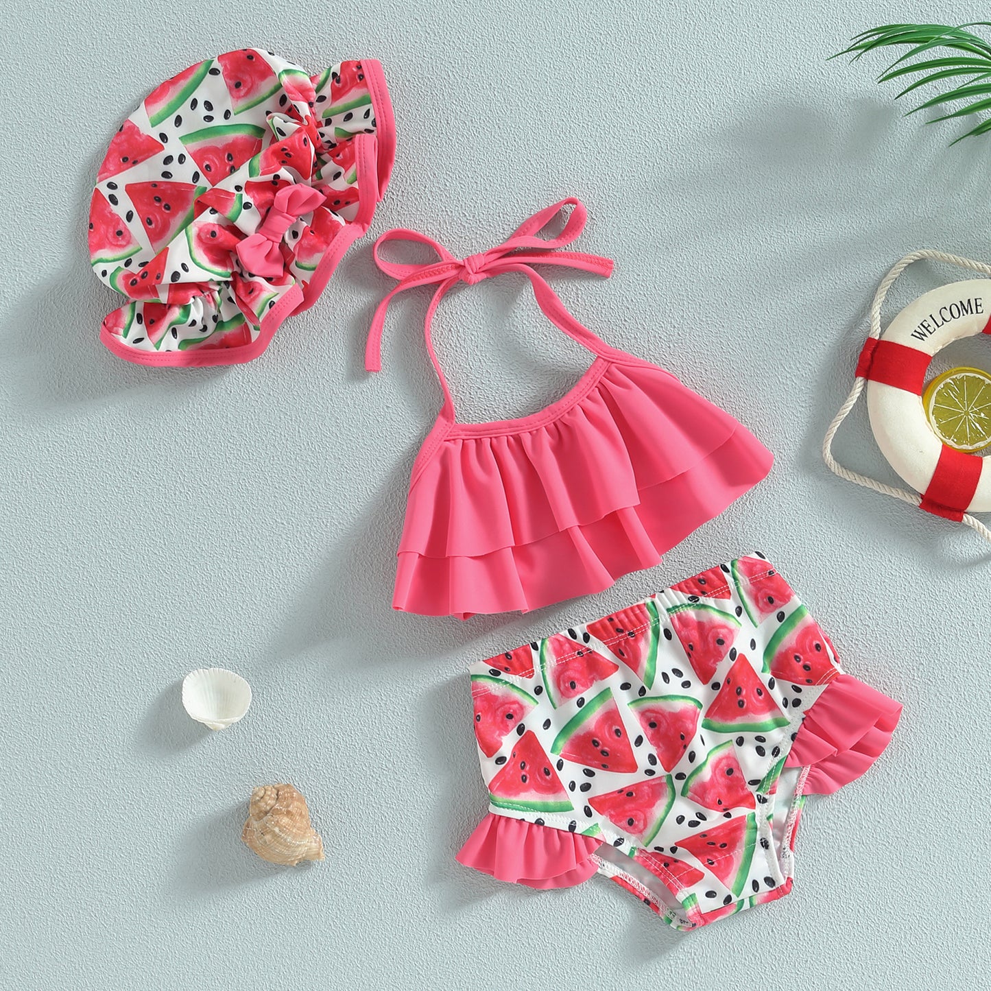 Baby Girl 3-Piece Ruffle Bikini Set, Watermelon & Mermaid Swimsuit with Cap (6M-4T)