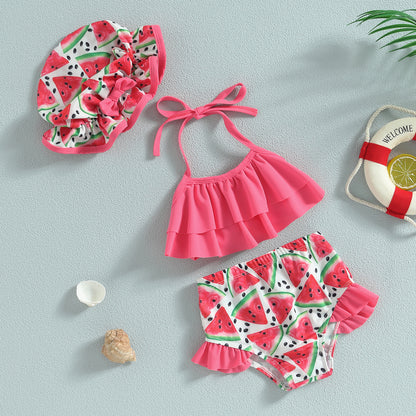 Baby Girl 3-Piece Ruffle Bikini Set, Watermelon & Mermaid Swimsuit with Cap (6M-4T)