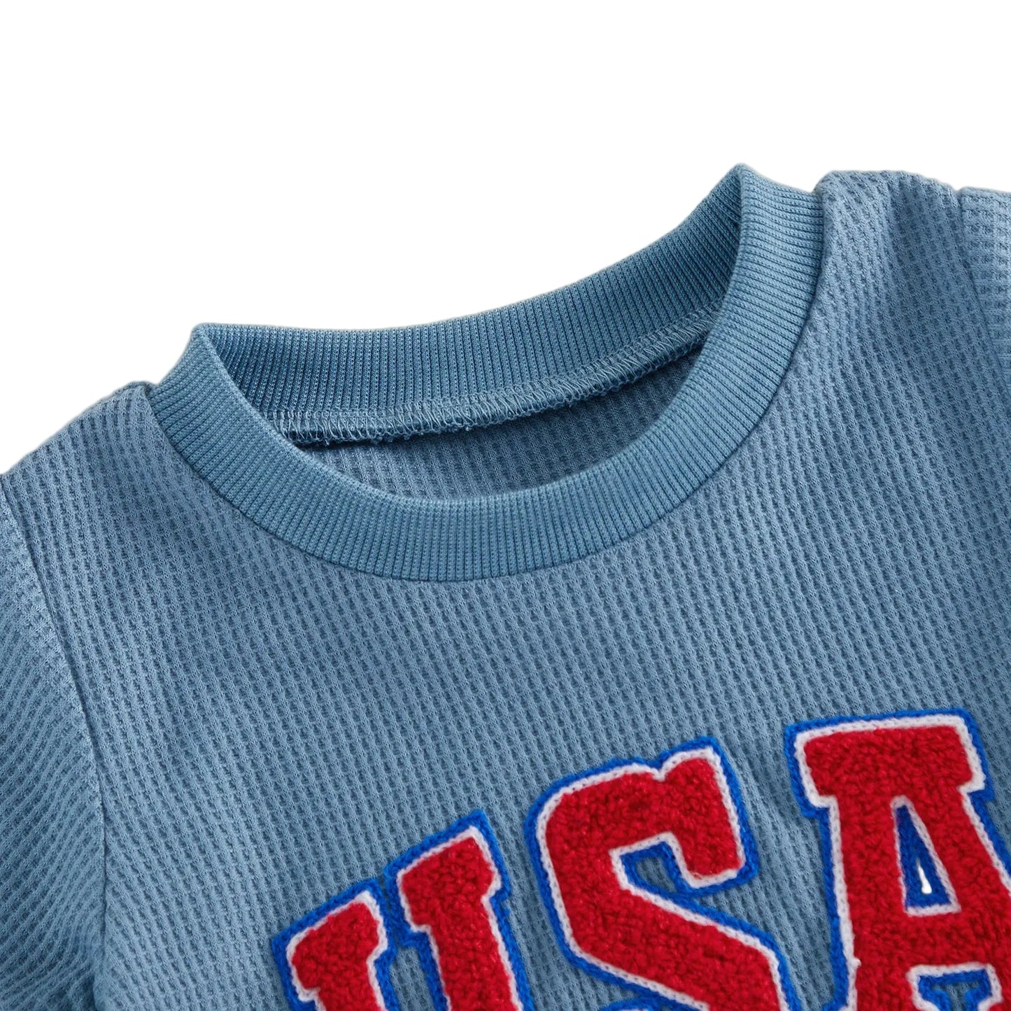 Toddler Boy 4th of July Outfit - USA Patriotic Blue Waffle Shorts Set (0-3T)