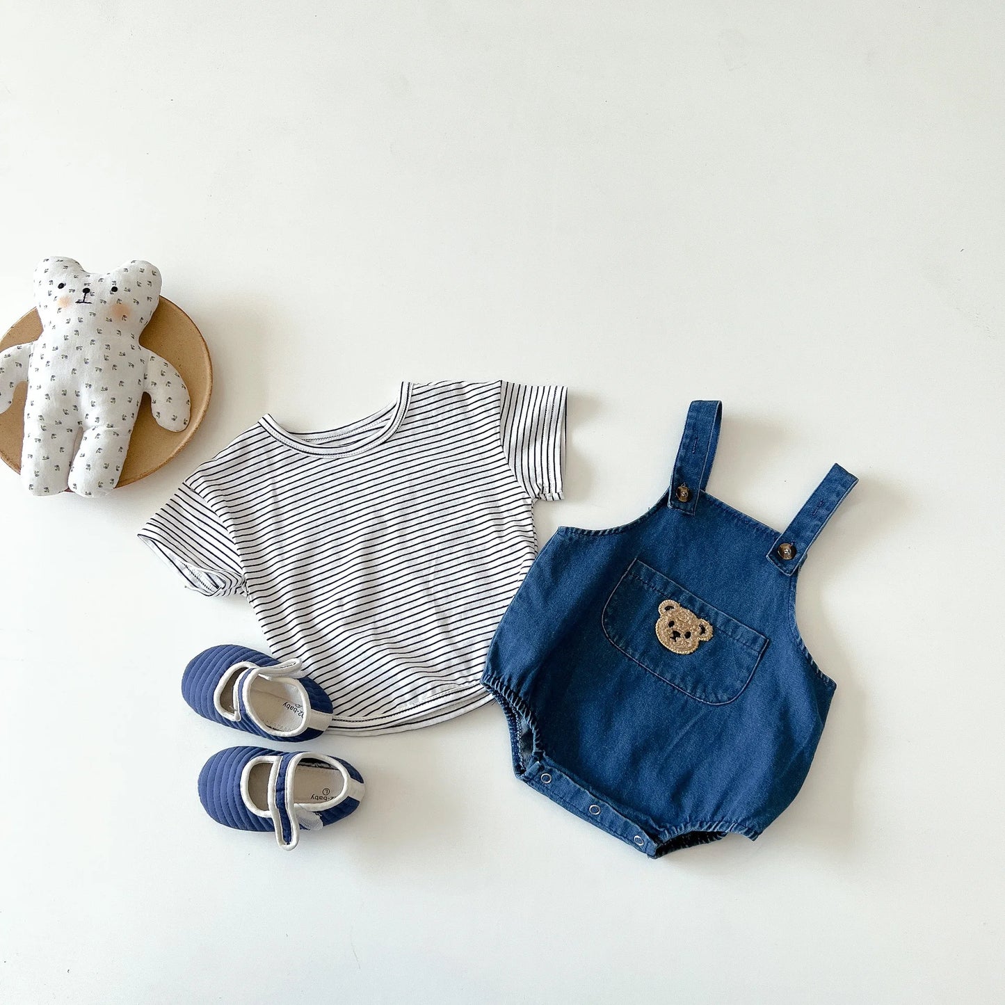 Unisex Baby Striped T-Shirt and Denim Bear Romper Set - 2pc Summer Toddler Outfit (3M-3T)