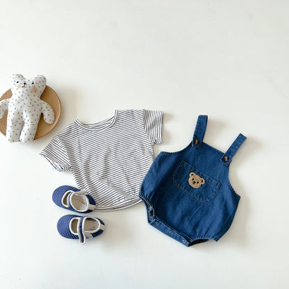 Unisex Baby Striped T-Shirt and Denim Bear Romper Set - 2pc Summer Toddler Outfit (3M-3T)