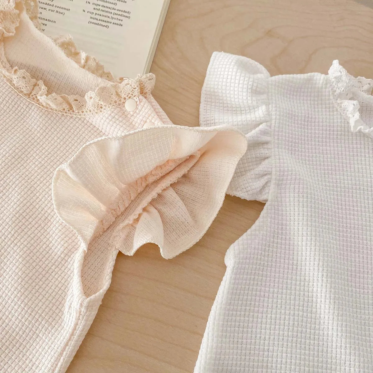 Waffle Knit Baby Girl Romper & Bonnet Set - Ruffle Sleeve Lace Trim Summer Jumpsuit (3-24M)