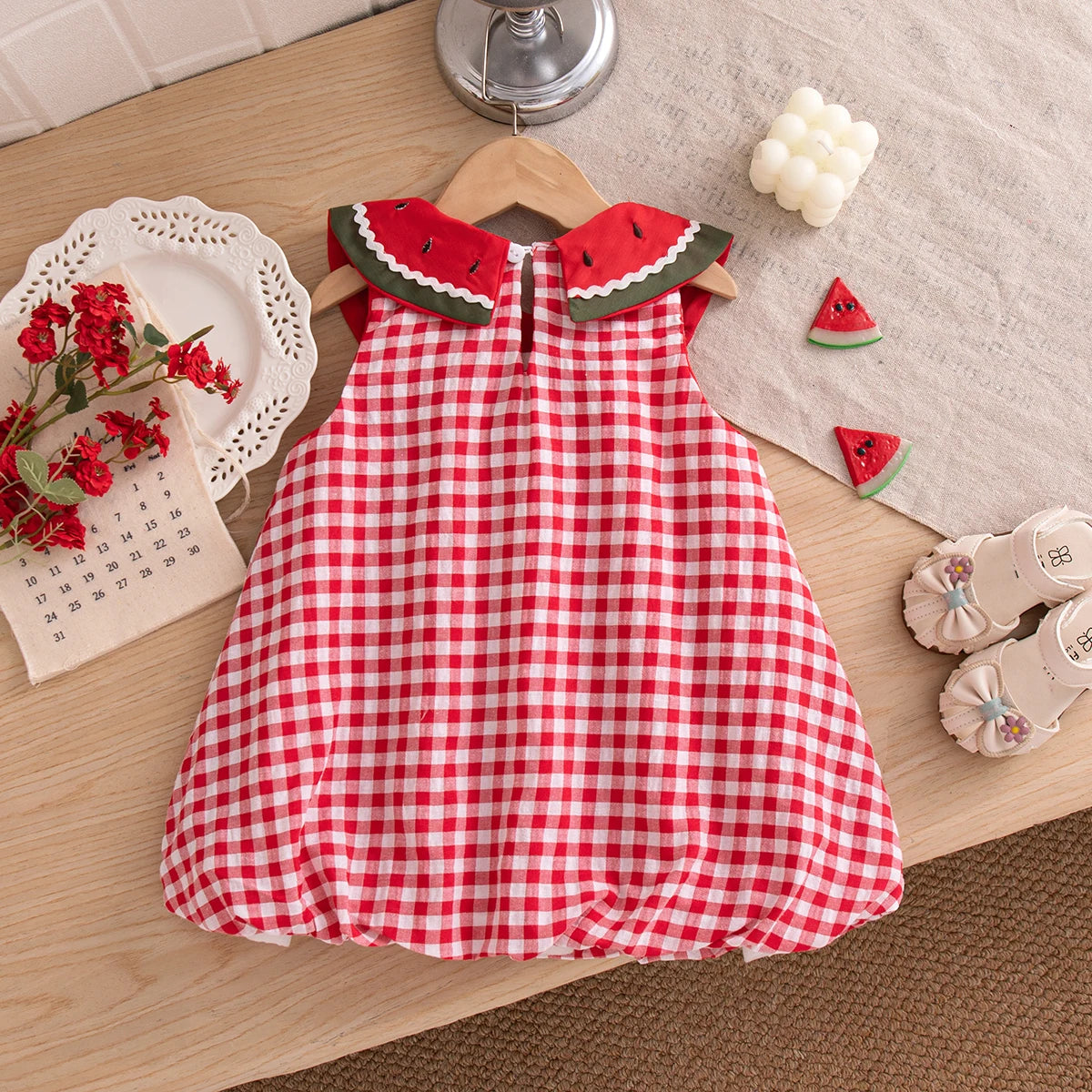 Baby & Toddler Girls Watermelon Gingham Bubble Dress - Cotton Blend Summer Outfit (9M-3T)