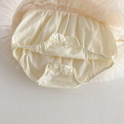 Baby Girl Princess Tulle Dress Bodysuit - Cream Peter Pan Collar Romper with Gold Crown (3-24M)