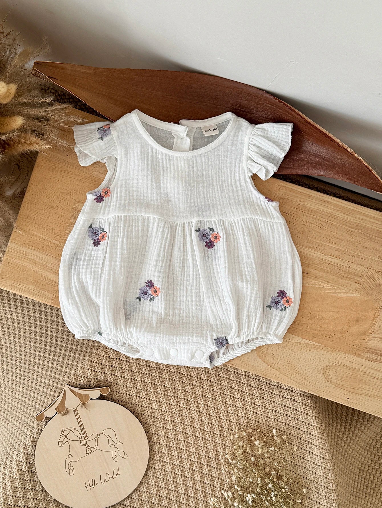 Summer Embroidered Floral Baby Romper - White Cotton Muslin Ruffle Sleeve Bodysuit (6-18M)