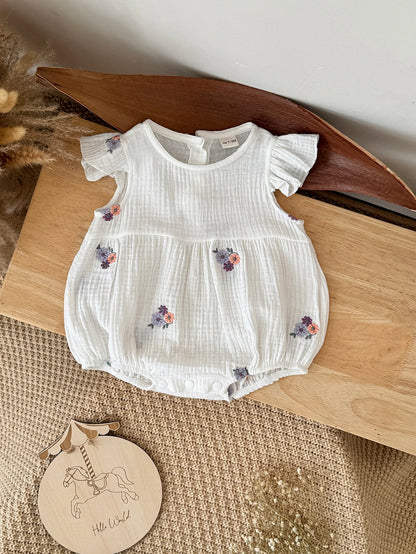 Summer Embroidered Floral Baby Romper - White Cotton Muslin Ruffle Sleeve Bodysuit (6-18M)