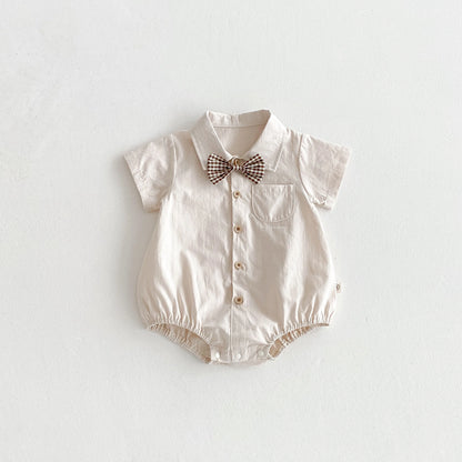 Baby Boy Korean Style Cotton Romper - Short Sleeve Lapel Shirt Jumpsuit with Bow Tie (0-24 Months)