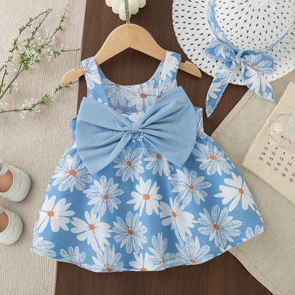 Toddler & Baby Girl Summer Daisy Print Beach Dress with Sun Hat & Bow Set (3M-3T)