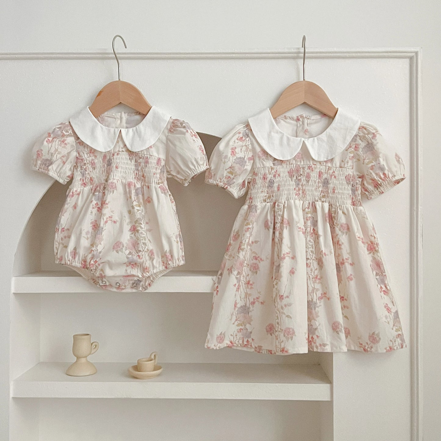 Pink Floral Smocked Sister Matching Outfits - Puff Sleeve Cotton Romper & Princess Dress (3M-6T)