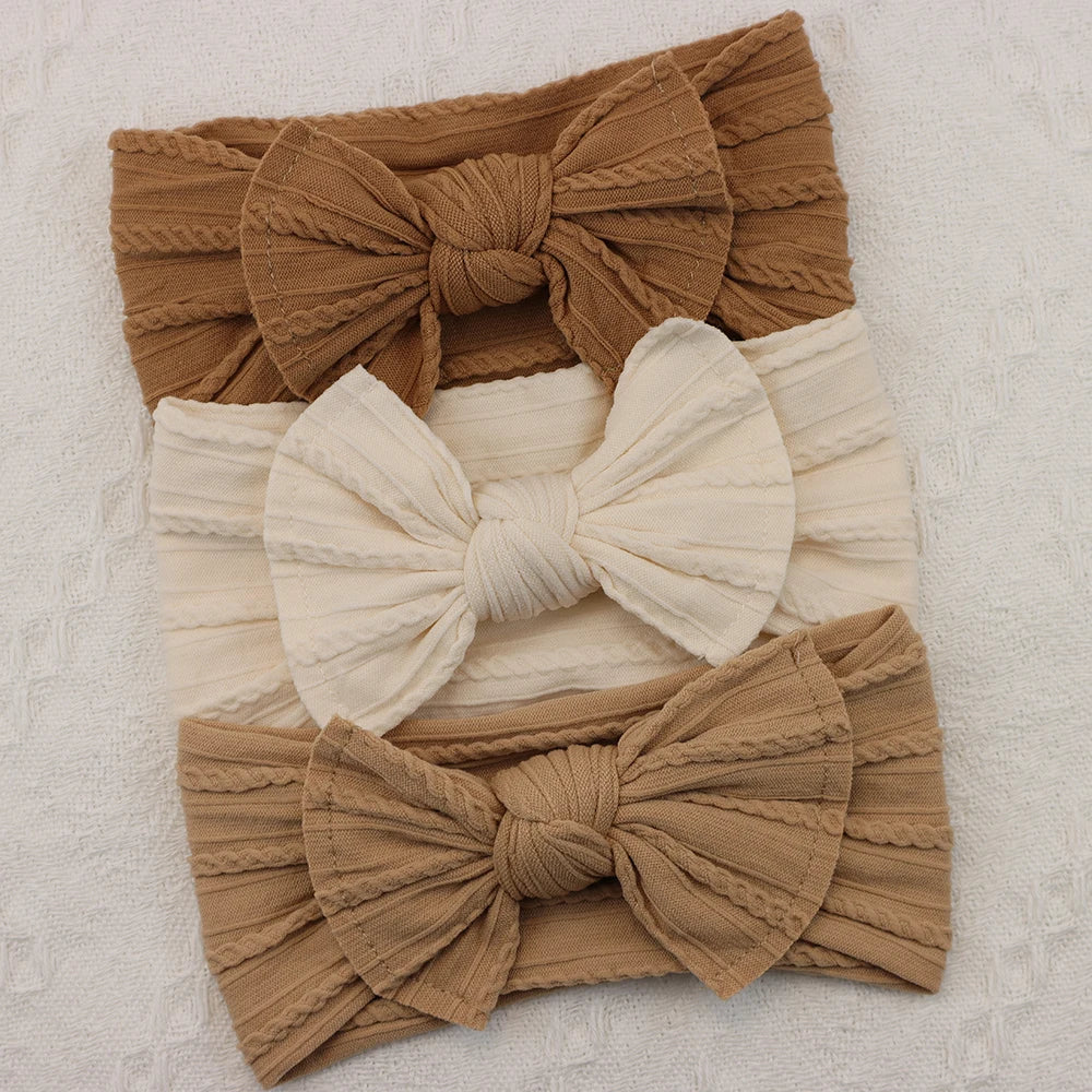 3-Pack Baby Nylon Headbands - Soft Cable Knit Stretchy Bows for Infants & Toddlers (0-3T)