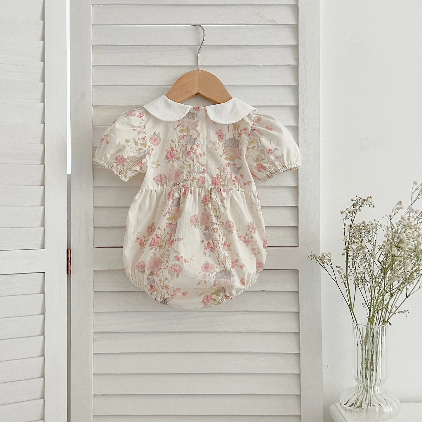 Pink Floral Smocked Sister Matching Outfits - Puff Sleeve Cotton Romper & Princess Dress (3M-6T)