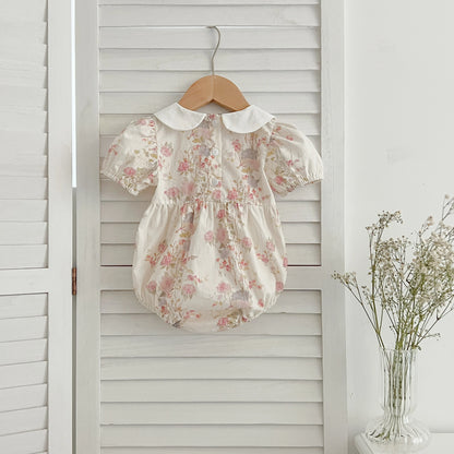 Pink Floral Smocked Sister Matching Outfits - Puff Sleeve Cotton Romper & Princess Dress (3M-6T)