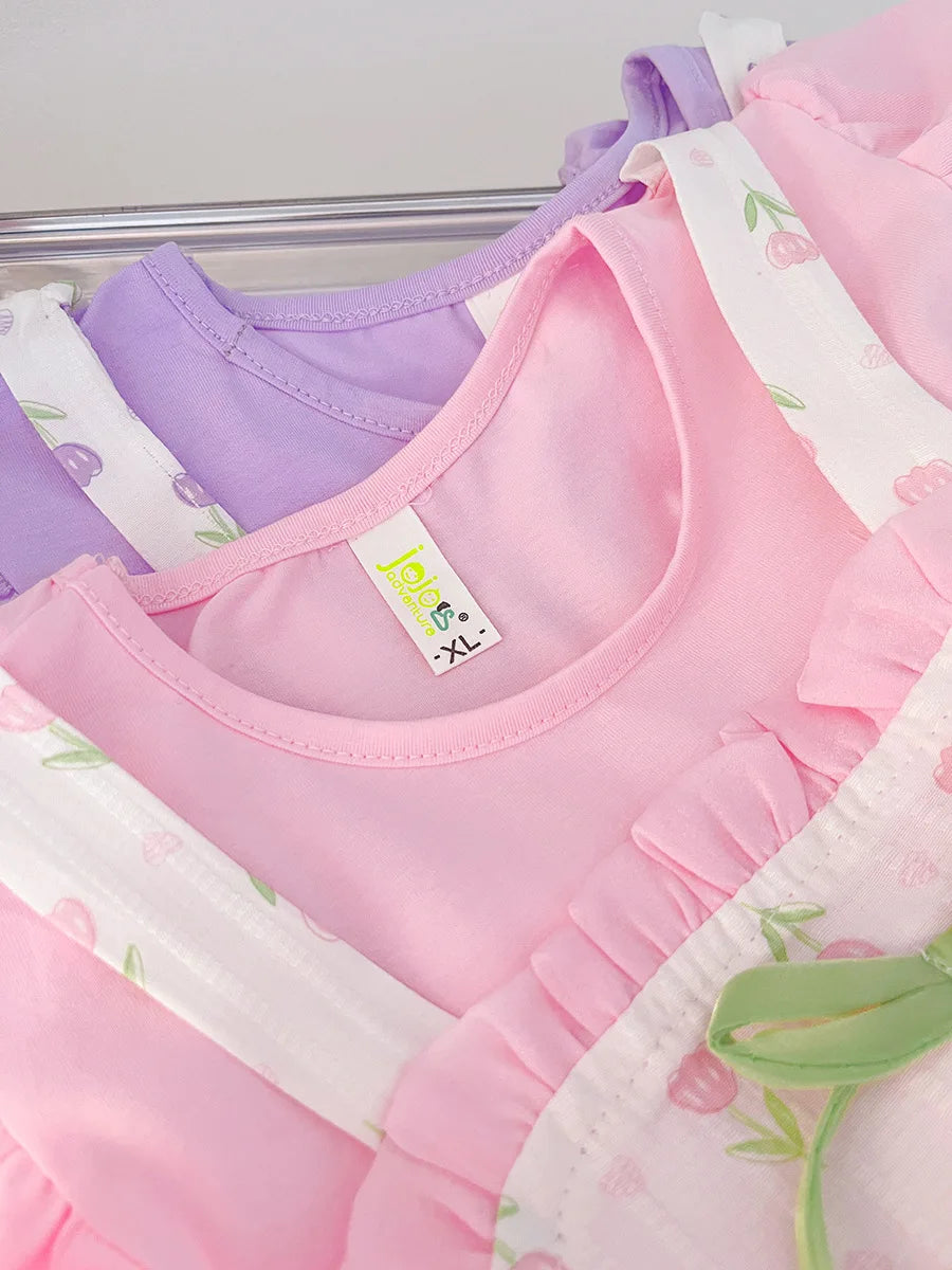 Baby & Toddler Girls Cotton Floral Summer Dress | Mock Two-Piece Ruffled Sun Dress with Decorative Bow (12M-4T)