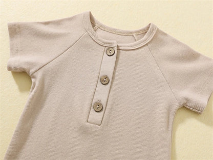 Baby Boy Boutique Ribbed Henley Romper - Knit Cotton Jumpsuit with Natural Wood Buttons (3-24M)