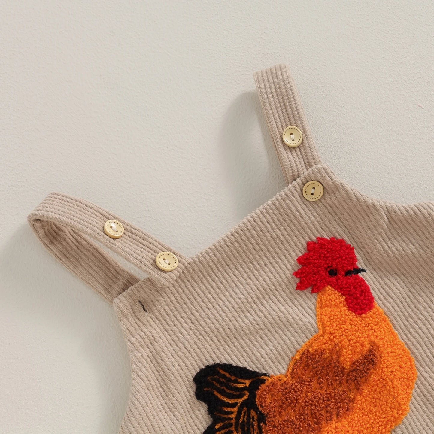 Unisex Baby Rooster Embroidery Corduroy Romper - Sleeveless Beige Overalls Bodysuit (0-12M)