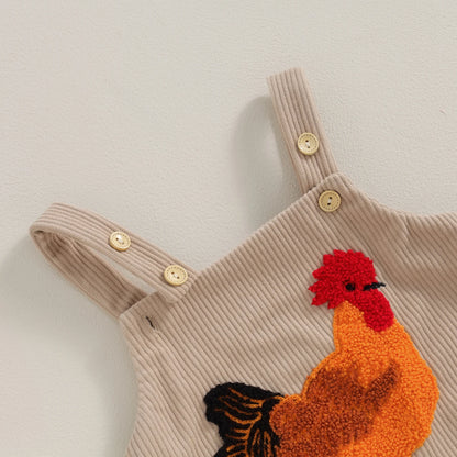 Unisex Baby Rooster Embroidery Corduroy Romper - Sleeveless Beige Overalls Bodysuit (0-12M)