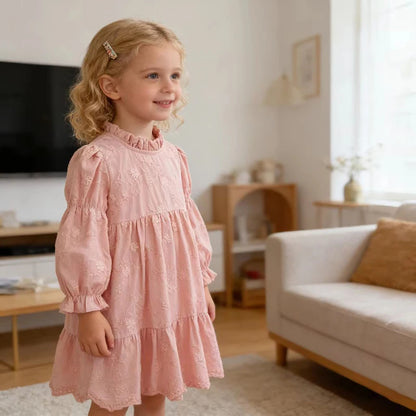 Toddler & Girls Pink Floral Embroidered Long Sleeve Tiered Dress (2T-6T)