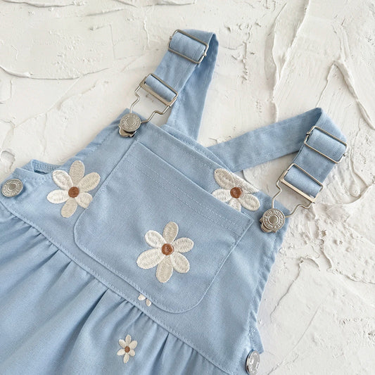 Baby Girl Daisy Embroidered Overall Dress | Toddler Blue Cotton Summer Jumper (6M-3T)