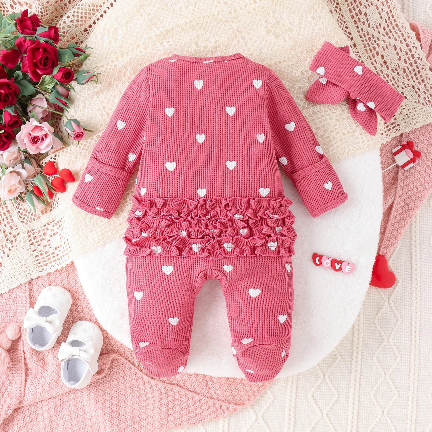 Baby Girl Heart Print Waffle Knit Footed Romper & Headband Set - Ruffled Zipper Sleeper