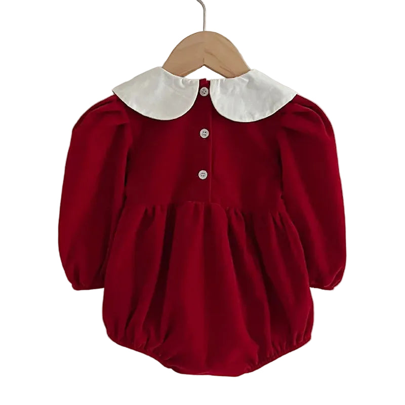 Baby Girl Red Christmas Bubble Romper | Smocked Holiday Outfit with Collar (3-24M)