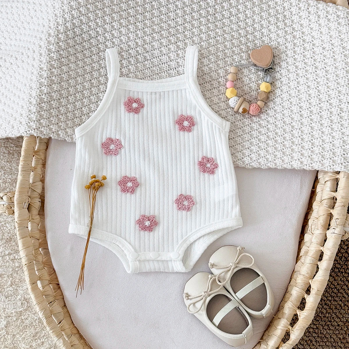 Baby Girl Flower Towel Embroidery Romper - Summer Ribbed Viscose Bodysuit Jumpsuit (1-18M)