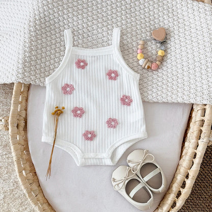 Baby Girl Flower Towel Embroidery Romper - Summer Ribbed Viscose Bodysuit Jumpsuit (1-18M)