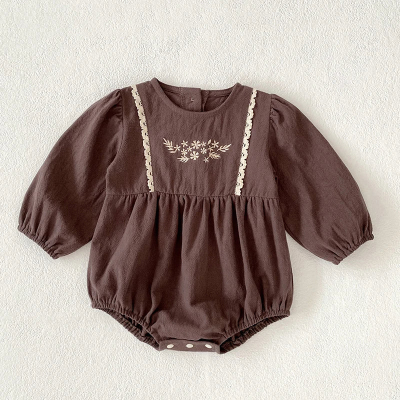 Toddler & Girls Brown Floral Embroidered Cotton Long Sleeve Dress (2T-6T)