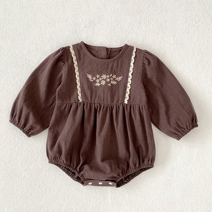 Toddler & Girls Brown Floral Embroidered Cotton Long Sleeve Dress (2T-6T)
