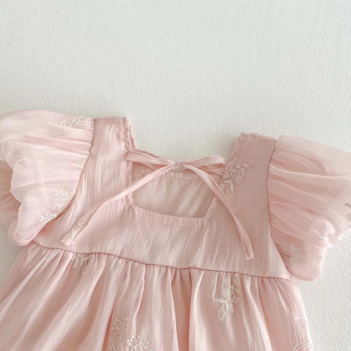 Baby Girl Embroidered Floral Cotton Romper - Pink Bubble Sleeve Summer Jumpsuit (3-24M)