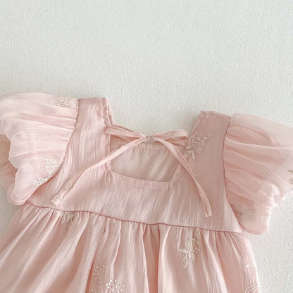 Baby Girl Embroidered Floral Cotton Romper - Pink Bubble Sleeve Summer Jumpsuit (3-24M)