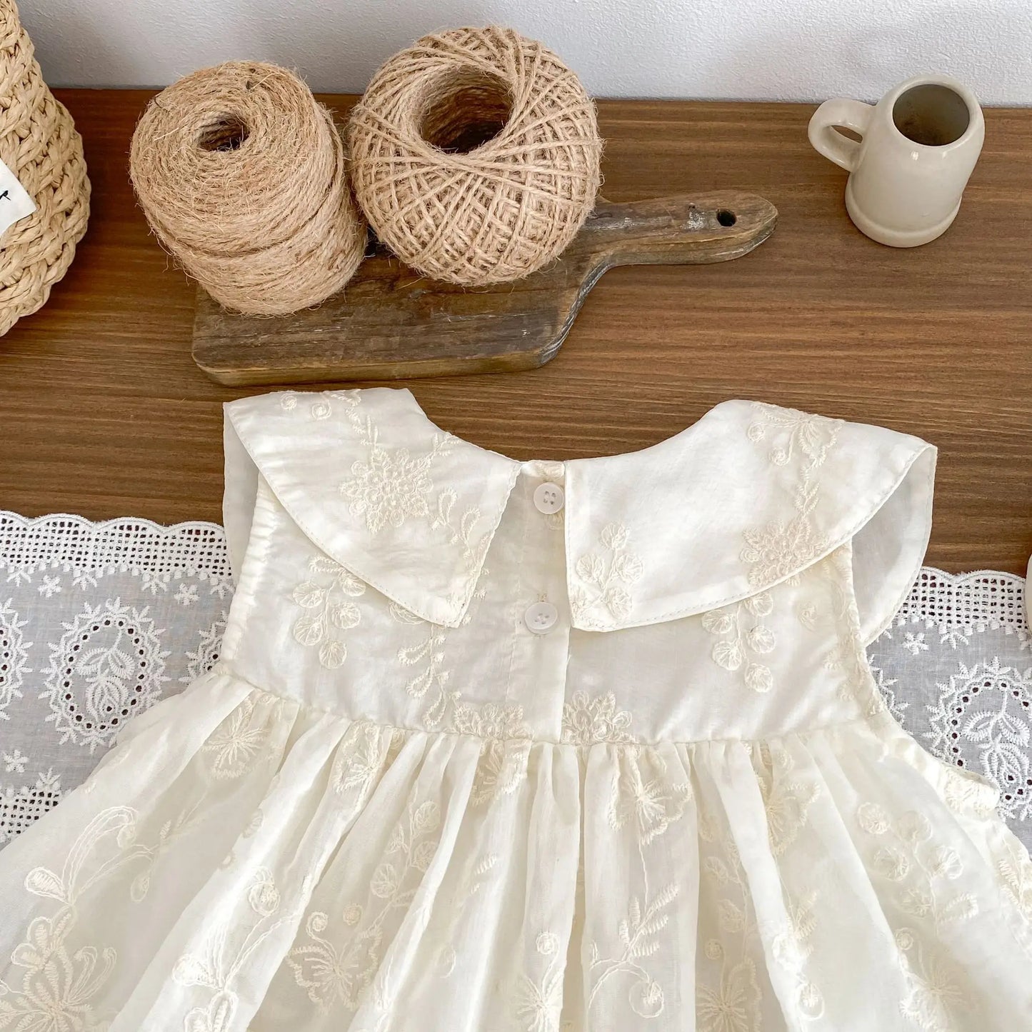 Vintage Cotton Baby, Toddler & Kids Girls Sleeveless Floral Embroidered Dress with Cherry Detail and Large Peter Pan Collar (6M-5T)