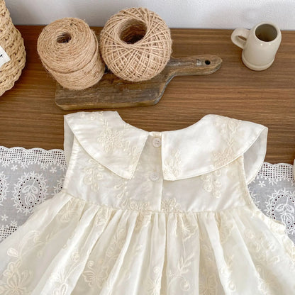 Vintage Cotton Baby, Toddler & Kids Girls Sleeveless Floral Embroidered Dress with Cherry Detail and Large Peter Pan Collar (6M-5T)