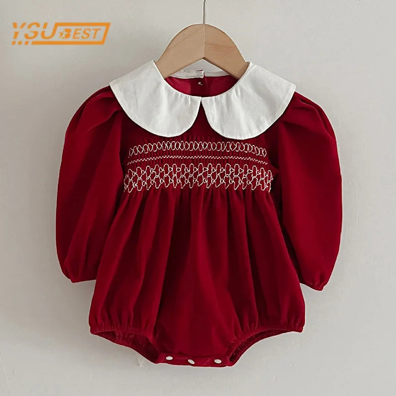 Baby Girl Red Christmas Bubble Romper | Smocked Holiday Outfit with Collar (3-24M)