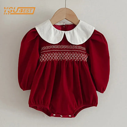Baby Girl Red Christmas Bubble Romper | Smocked Holiday Outfit with Collar (3-24M)