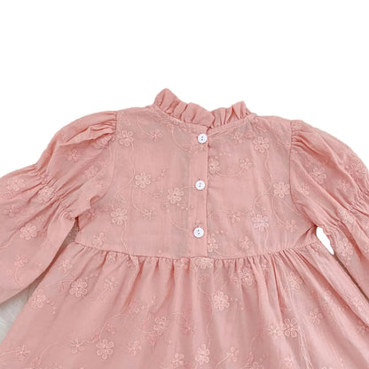 Toddler & Girls Pink Floral Embroidered Long Sleeve Tiered Dress (2T-6T)