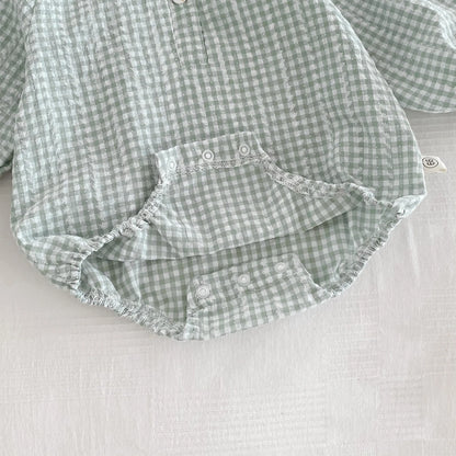 Newborn Baby Girl Sky Blue Gingham Romper - Long Sleeve Peter Pan Collar Cotton Jumpsuit (0-12 Months)